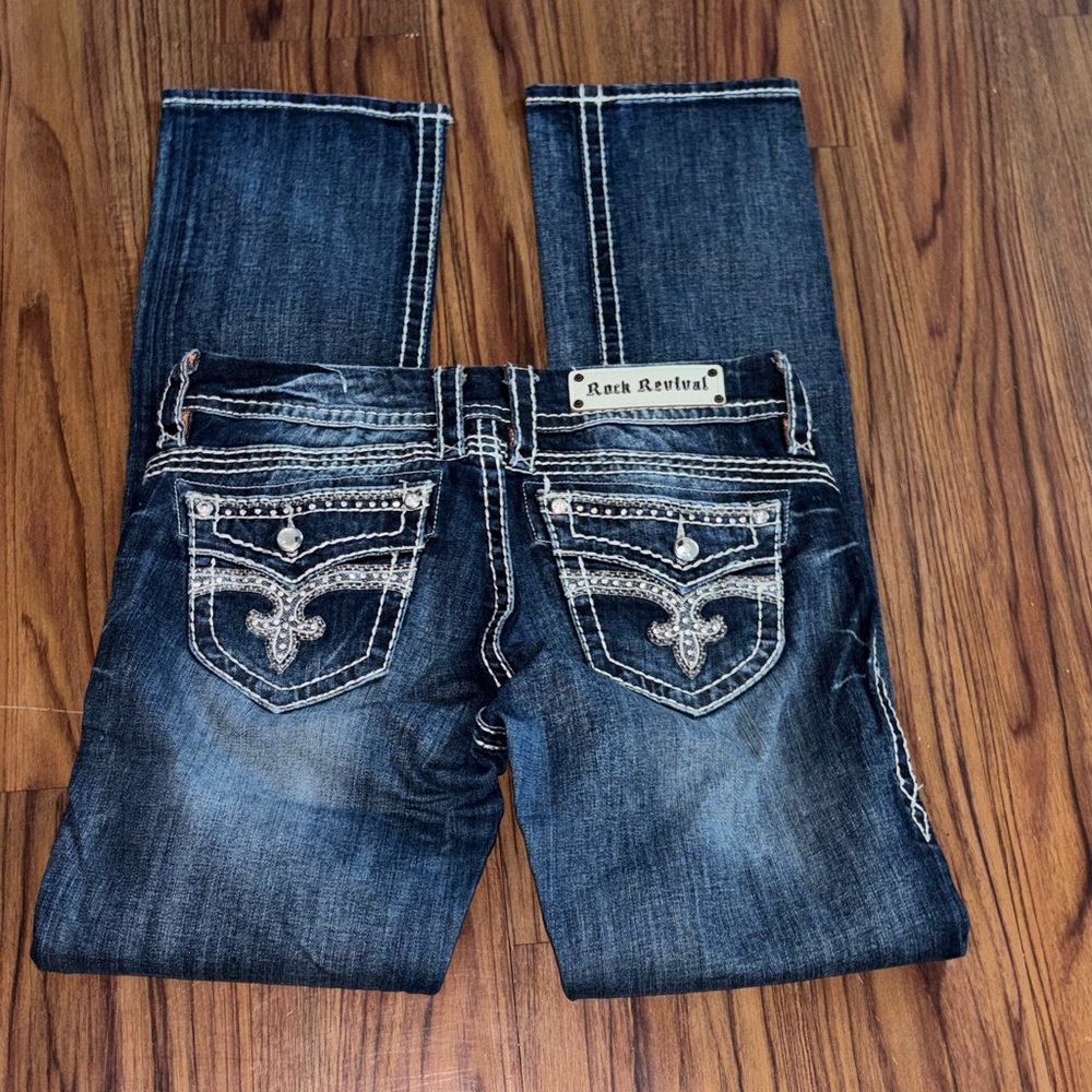 Rock Revival Boot Cut Jeans in Dark Blue with White Stitching
